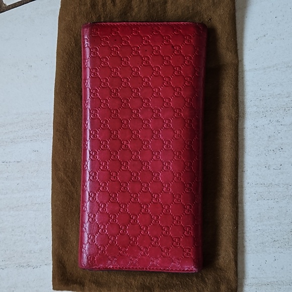 Gucci Trifold Wallet Red Leather Microguccisima GG Logo - Picture 3 of 12